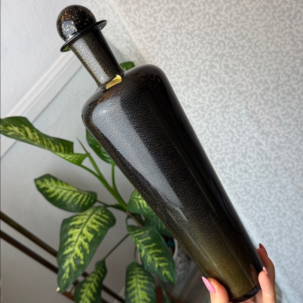 Italian Vintage Blown Murano Black Gold Decorative Bottle w. Stopper